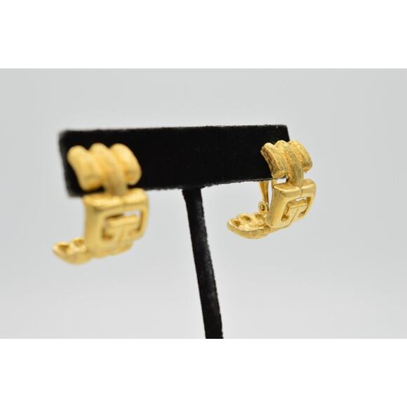 Givenchy Vintage Logo Clip On Earrings GG Brushed Gold Hoop 80s Signed AS IS 9D - Picture 4 of 10